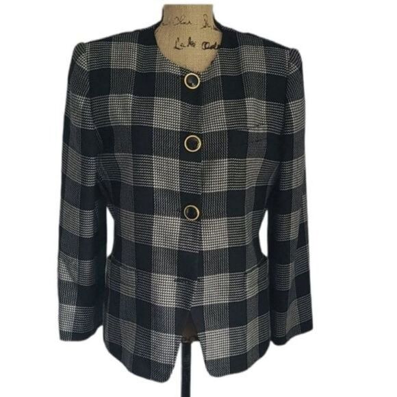 Vintage 80s 90s Black White Glen Check Plaid Blazer - Picture 1 of 12